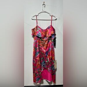 Adrianna Papell Pink Floral Print Santeen Midi Dress Size 14 New With Tags